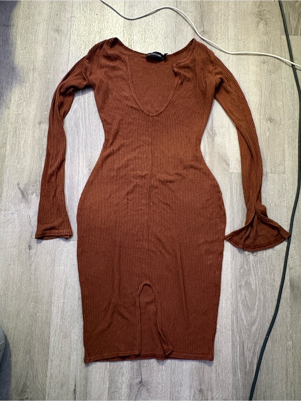PrettyLittleThing Rust Ribbed Long Sleeve Scoop Bodycon Dress